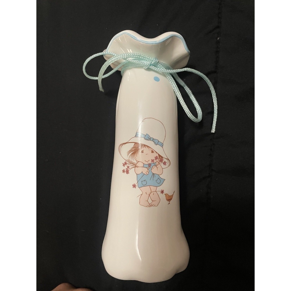 Vintage 1983 Sweet Me American Greeting White‎ Ceramic Bud Vase Blue Polka Dots